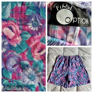 Vtg 80s First Option Rayon Shorts Womens L Dopamine Grannycore Coconut Girl EUC